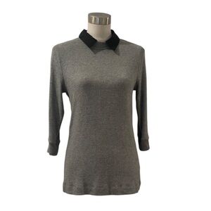 Anthropologie Three Dots cashmere gray knit mixed media sweater top w/ collar M